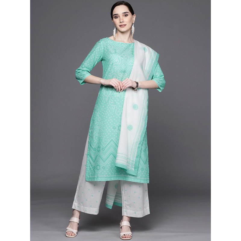 Biba Women Sea Green & White Bandhani Print Pure Cotton Kurta with Palazzos & Dupatta