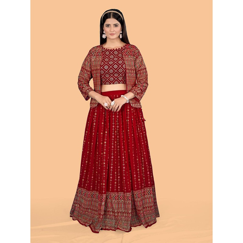 CHANSI Embroidered Sequinned Foil Print Ready to Wear Lehenga & Choli With Jacket