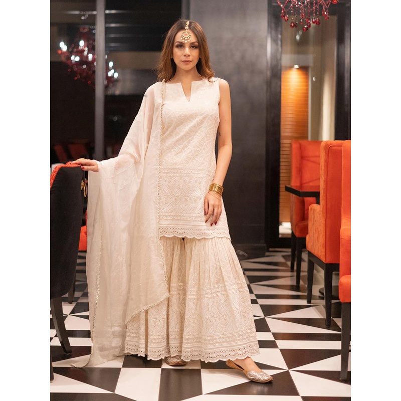 DIVASTRI Floral Embroidered Sequinned Kurta With Sharara And Dupatta