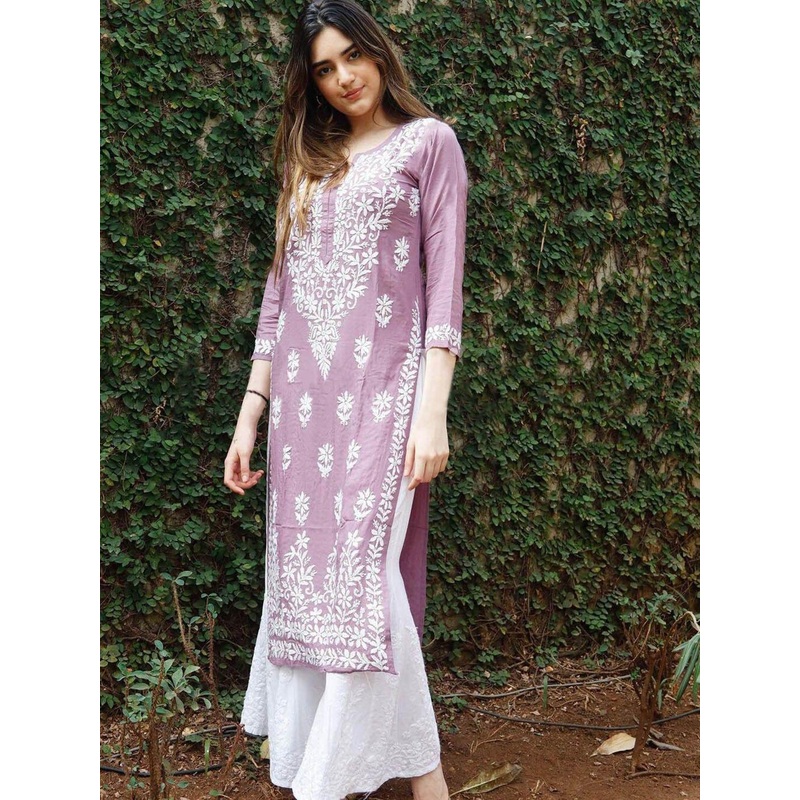 GoSriKi Floral Embroidered Chikankari Straight Kurta
