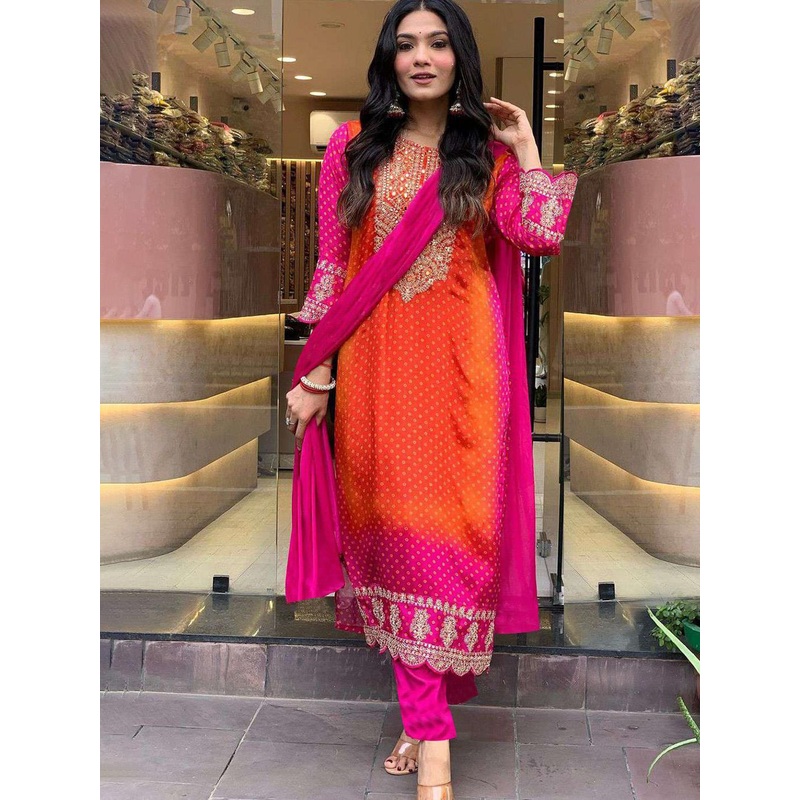 GoSriKi Women Floral Embroidered Regular Sequinned Kurta with Palazzos & With Dupatta