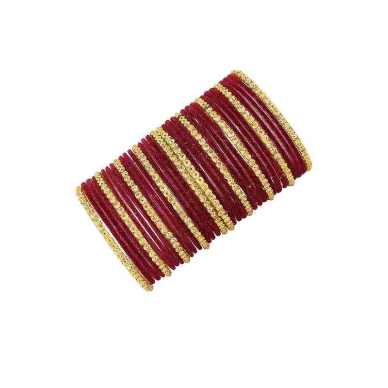 Guddan Set of 34 Maroon & Golden Glass Bangle Set