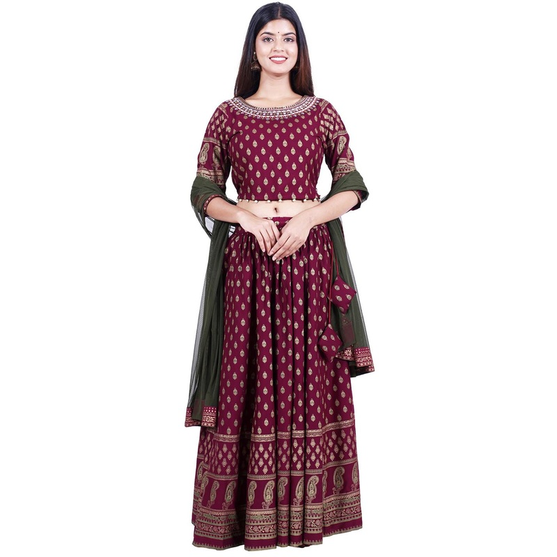 HERE&NOW Maroon & Gold-Toned Printed Ready to Wear Lehenga & Blouse With Dupatta