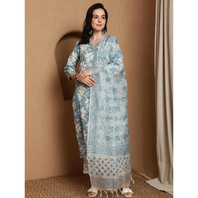 HERE&NOW Women Blue Pure Cotton Kurta Sets With Dupatta