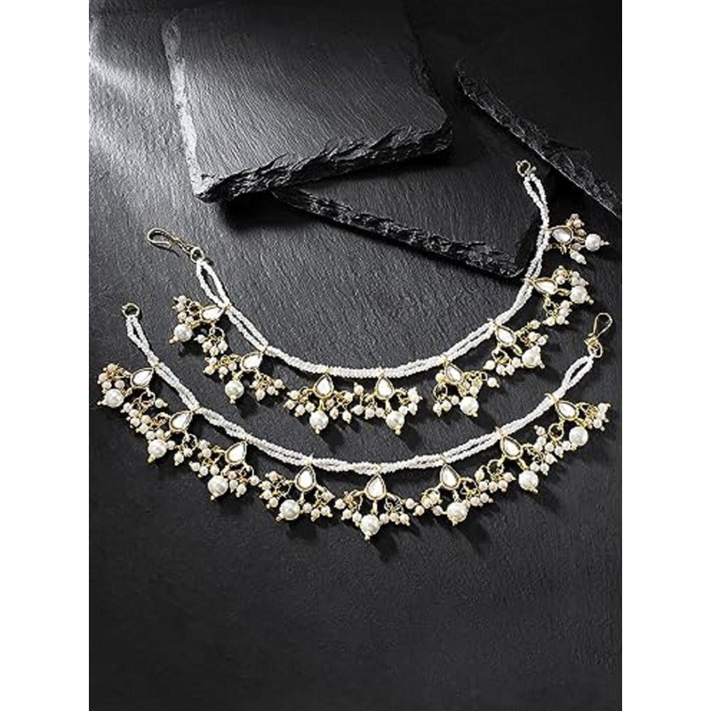 I Jewels Set Of 2 Gold-Toned Pearl Beaded Contemporary Drop Hair Chain