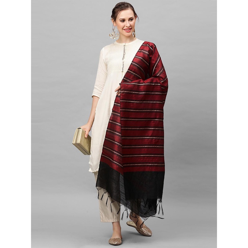 Indo Era Black & Maroon Striped Dupatta