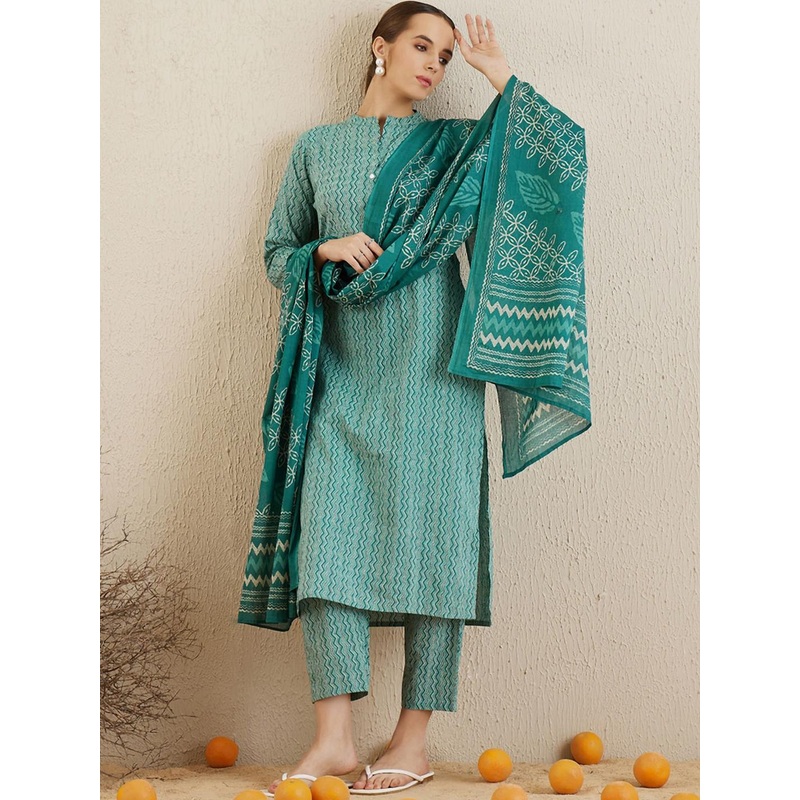 Indo Era Chevron Printed Mandarin Collar Pure Cotton Kurta with Trousers & With Dupatta