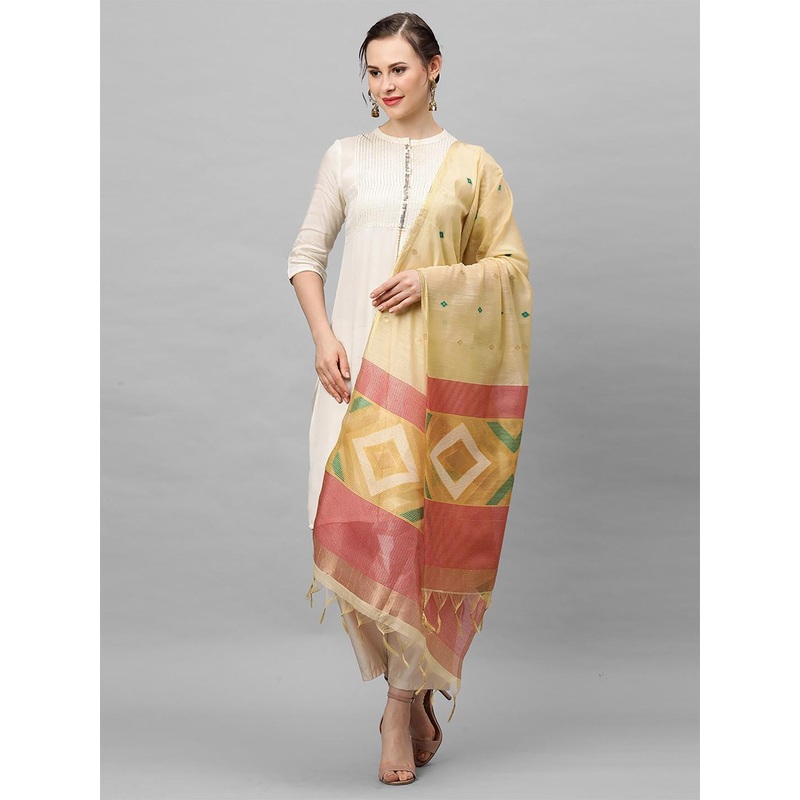 Indo Era Cream-Coloured & Pink Woven Design Dupatta