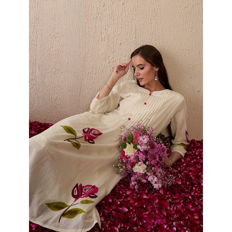 Indo Era Women Floral Printed Regular Thread Work Pure Cotton Kurta with Trousers