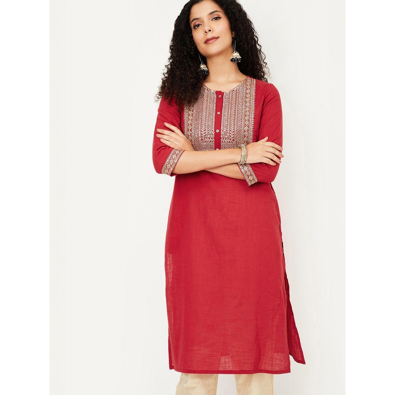 max Geometric Yoke Design Thread Work Cotton Straight Kurta