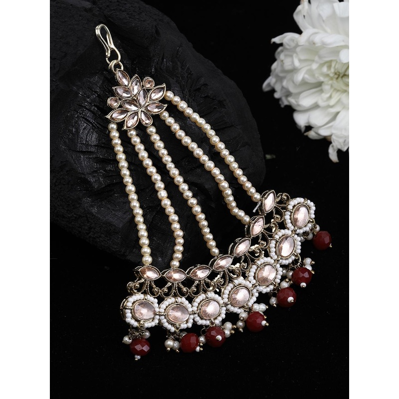 PANASH Gold-Plated White & Pink Kundan-Studded & Pearl Beaded Jhumar Passa