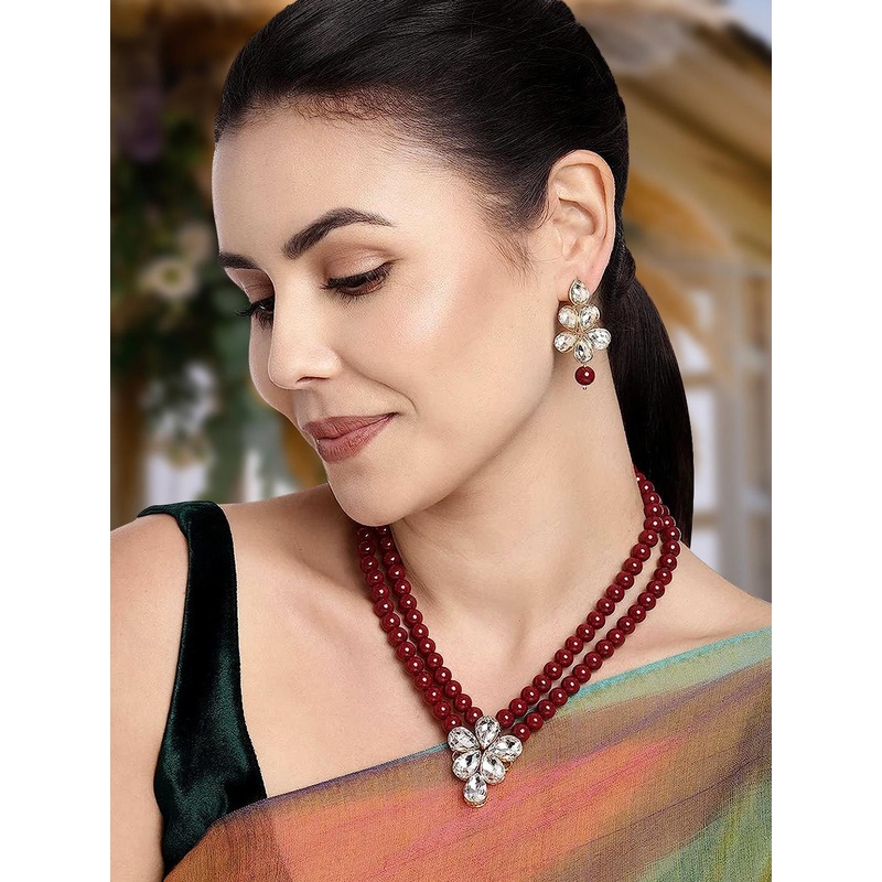 Peora Maroon & Gold-Toned Jewellery Set