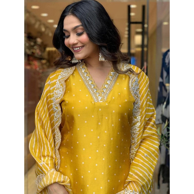 Royal Export Bandhani Printed Gotta Patti Work Chanderi Kurta With Trousers & Dupatta