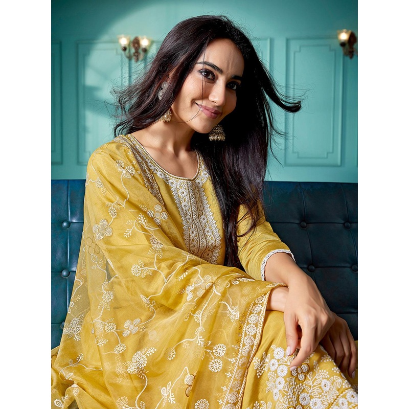 Royal Export Ethnic Motifs Embroidered Thread Work Straight Kurta with Trousers & Dupatta