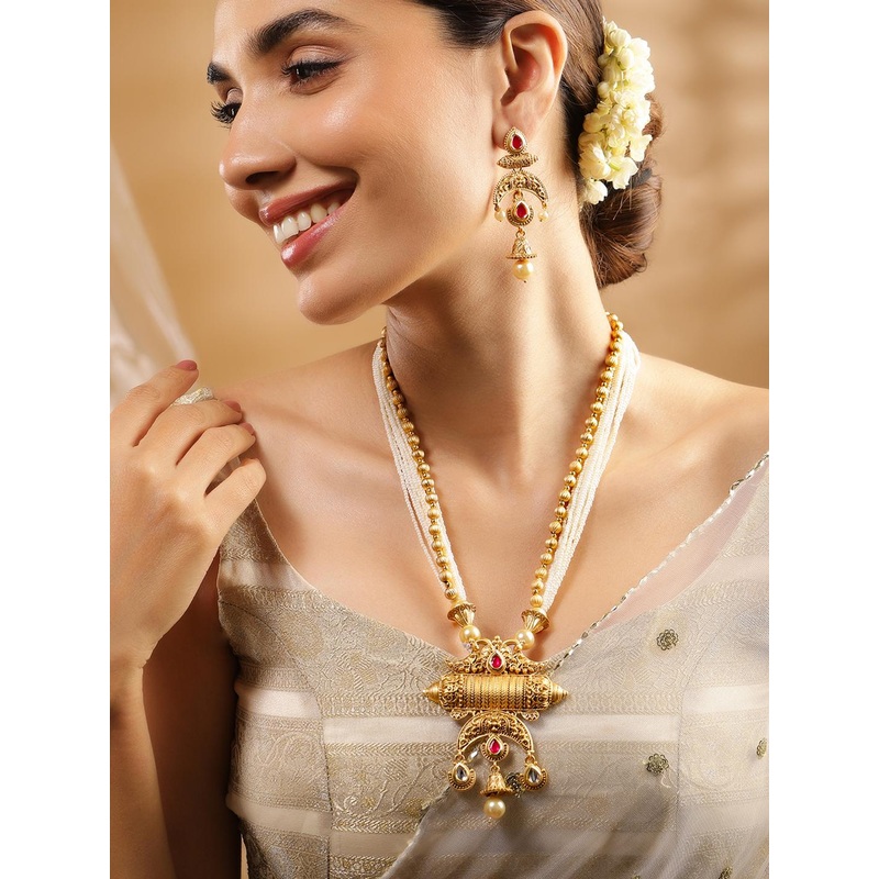 Rubans 18K Gold-Plated Red & White Kundan Stones Pearl Multistarnd Brass Jewellery Set