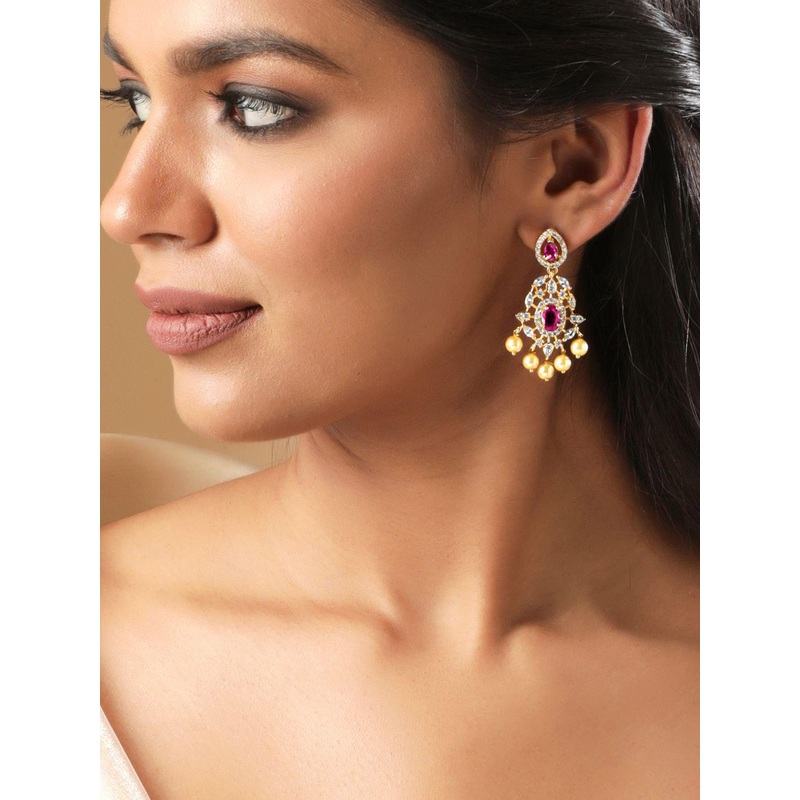 Rubans 22 Kt Gold-Plated Ruby Pink & Cubic Zirconia Studded Chandelier with Pearl Drops