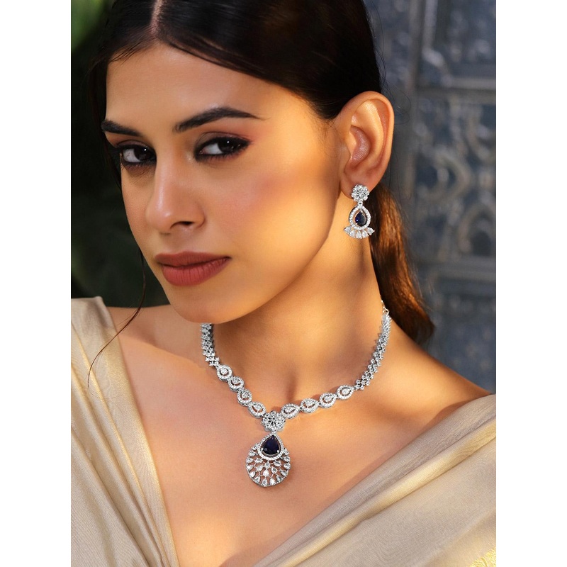 Rubans Rhodium-Plated Navy Blue AD & Cubic Zirconia Studded Necklace Set