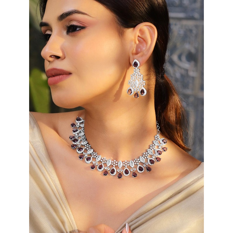 Rubans Rhodium-Plated Purple Sapphire & Cubic Zirconia Studded Necklace Set
