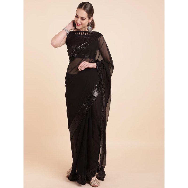 Sangria Black Sequinned Pure Georgette Saree