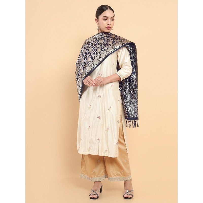 Soch Blue & Gold-Toned Satin Printed Dupatta