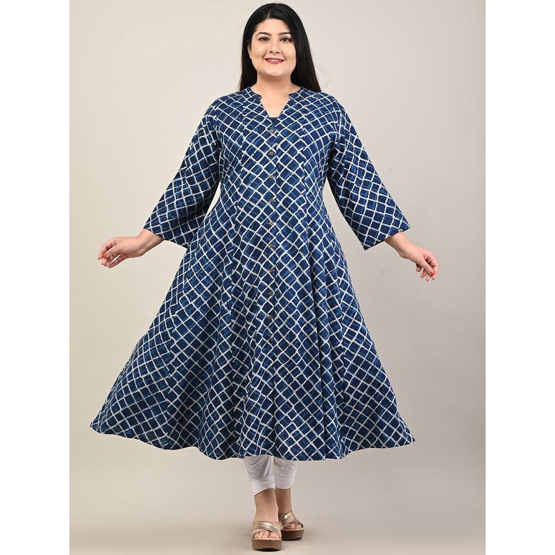 Swasti Plus Size Checked Mandarin Collar Anarkali Kurta