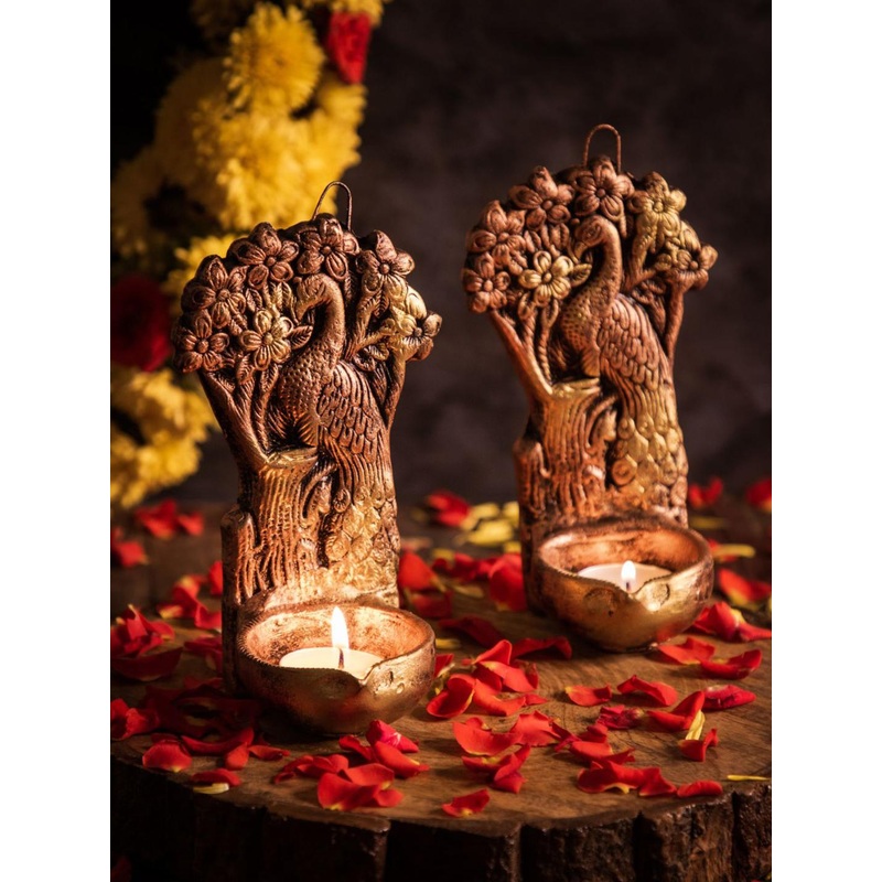 The handicraftian Bronze & Gold-Toned 2 Pieces Peacock Designed Terracotta Hanging Diya