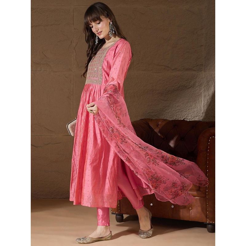 VredeVogel Women Woven Design Regular Sequined Chanderi Silk Kurta With Leggings & Dupatta