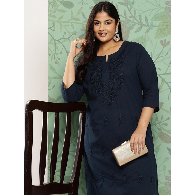Yufta Plus Size Floral Embroidered Chikankari Indigo Pure Cotton Kurta
