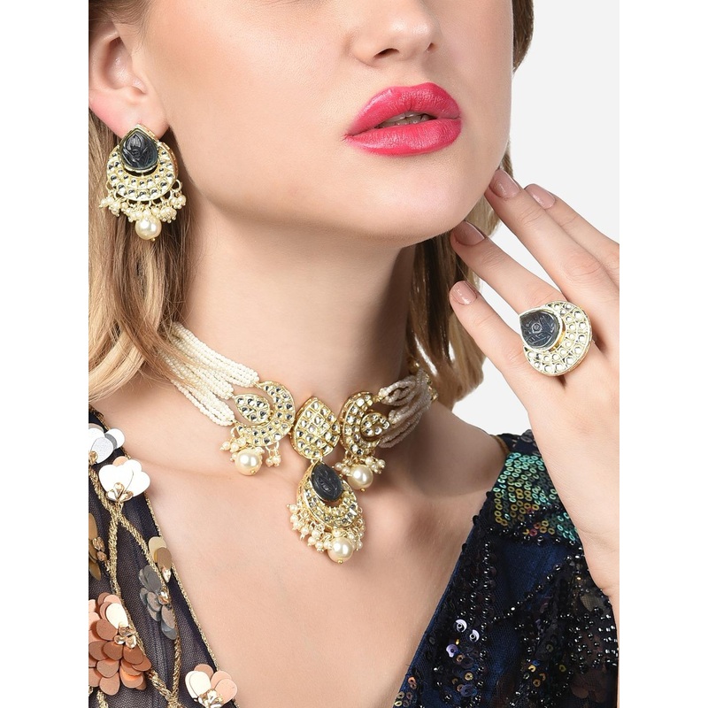 Zaveri Pearls Gold-Plated White & Grey Kundan-Studded & Pearl Beaded Meenakari Jewellery Set