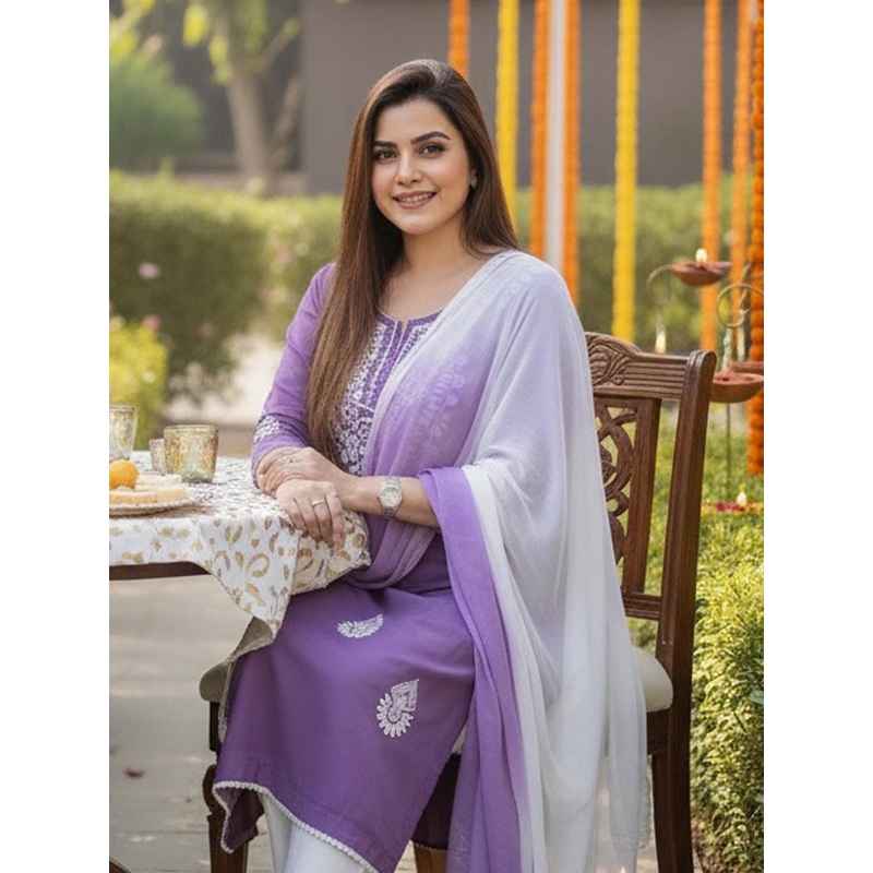 Aaghnya Floral Embroidered Round Neck Chikankari Straight Kurta With Trousers & Dupatta