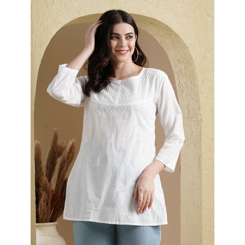 ADA Women White Chikankari Hand Embroidered Pure Cotton Semi-Sheer  Handloom Kurti
