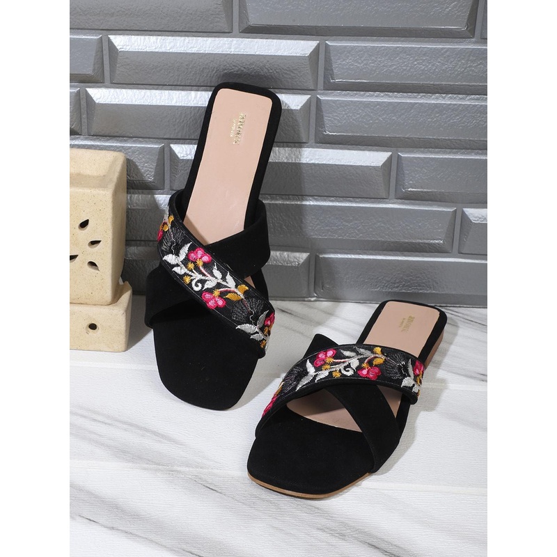 Anouk Black & Pink Sequin Embroidered Suede Open Toe Flats