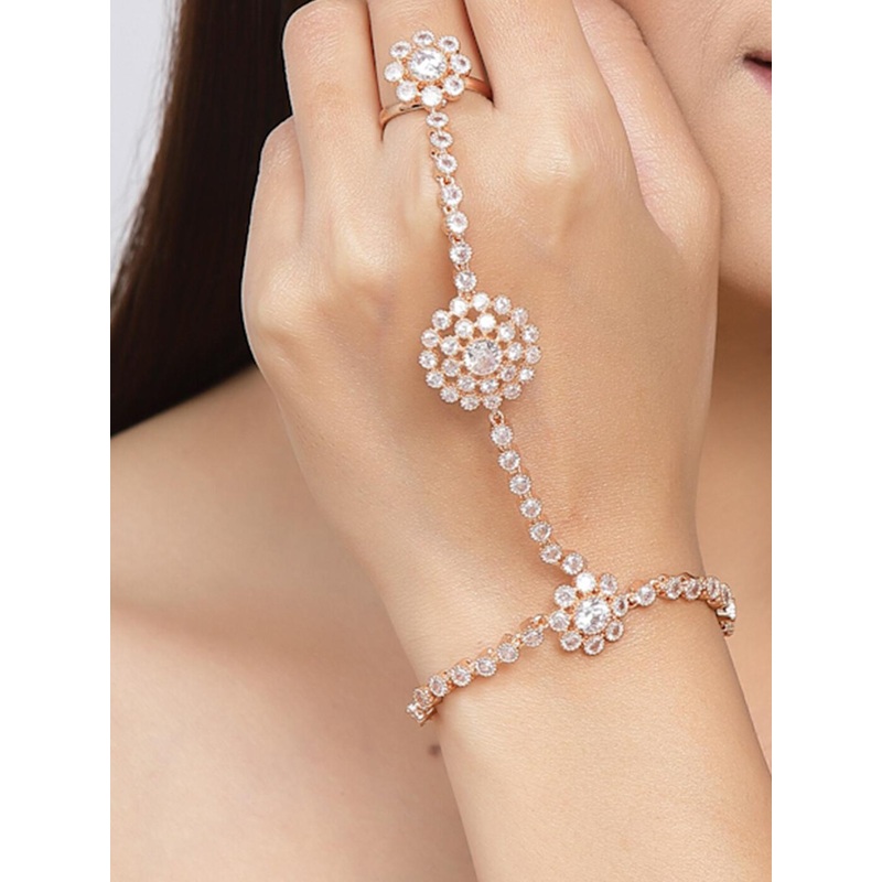 Anouk White Brass American Diamond Rose Gold-Plated Ring Bracelet