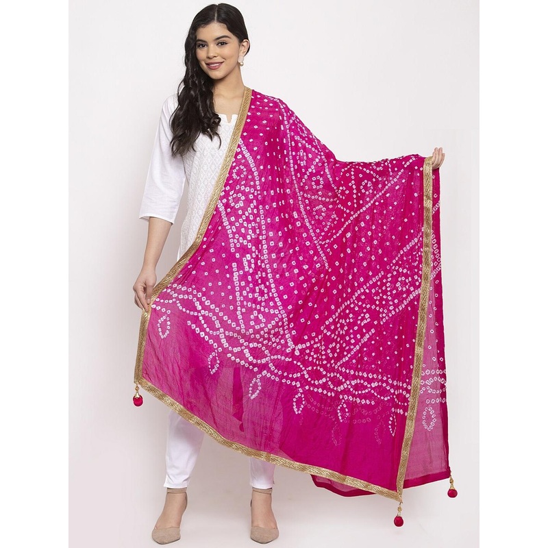 Clora Creation Magenta & White Bandhani Dyed Dupatta
