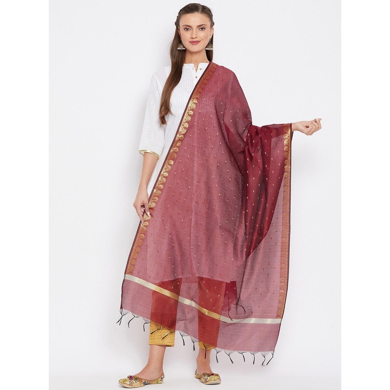 Clora Creation Women Maroon & Gold-Toned Woven Design Cotton Silk Dupatta