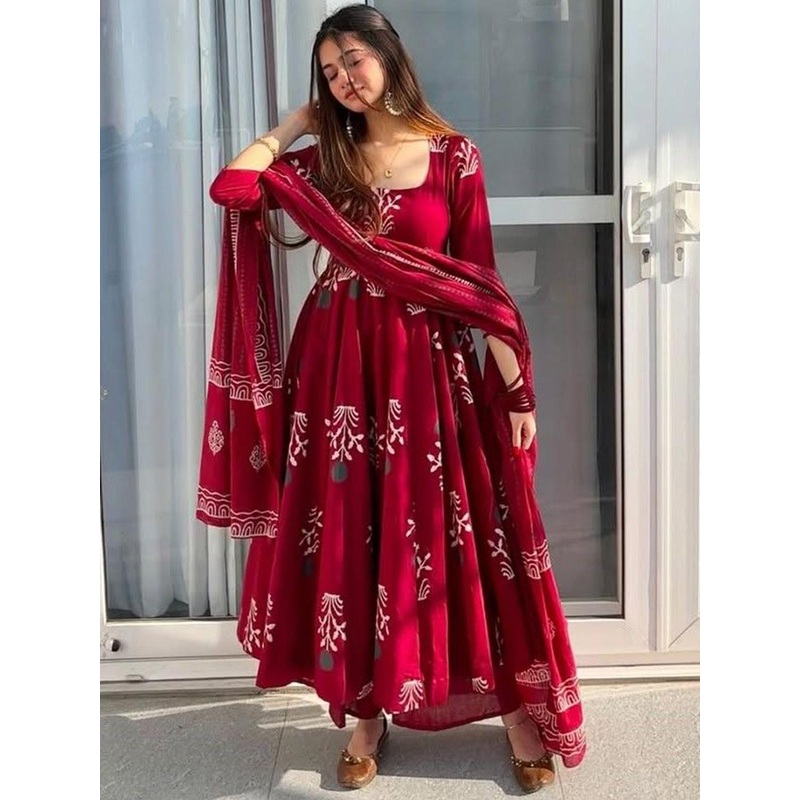 GoSriKi Floral Printed Round Neck  Anarkali Kurta With Palazzos & Dupatta