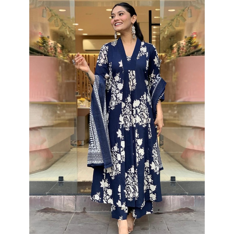 GoSriKi Floral Printed V-Neck A-Line Kurta With Palazzos And Dupatta