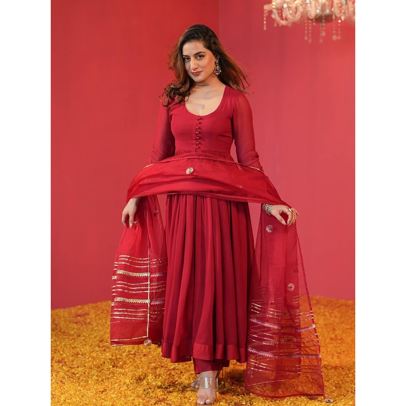 GoSriKi Solid Round Neck Anarkali Kurta With Trouser & Dupatta