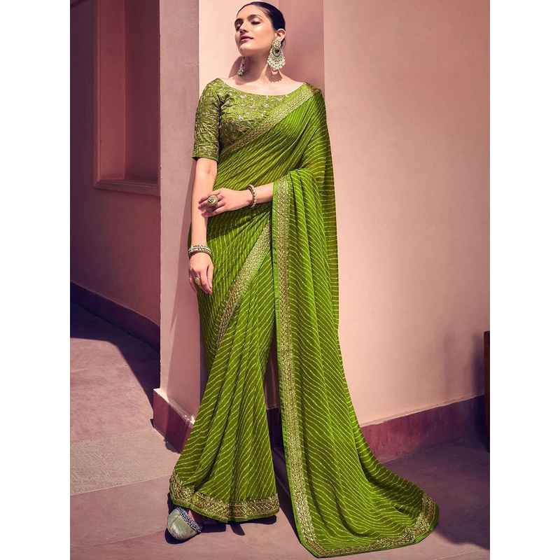 HERE&NOW Leheriya Embroidered Poly Georgette Designer Saree