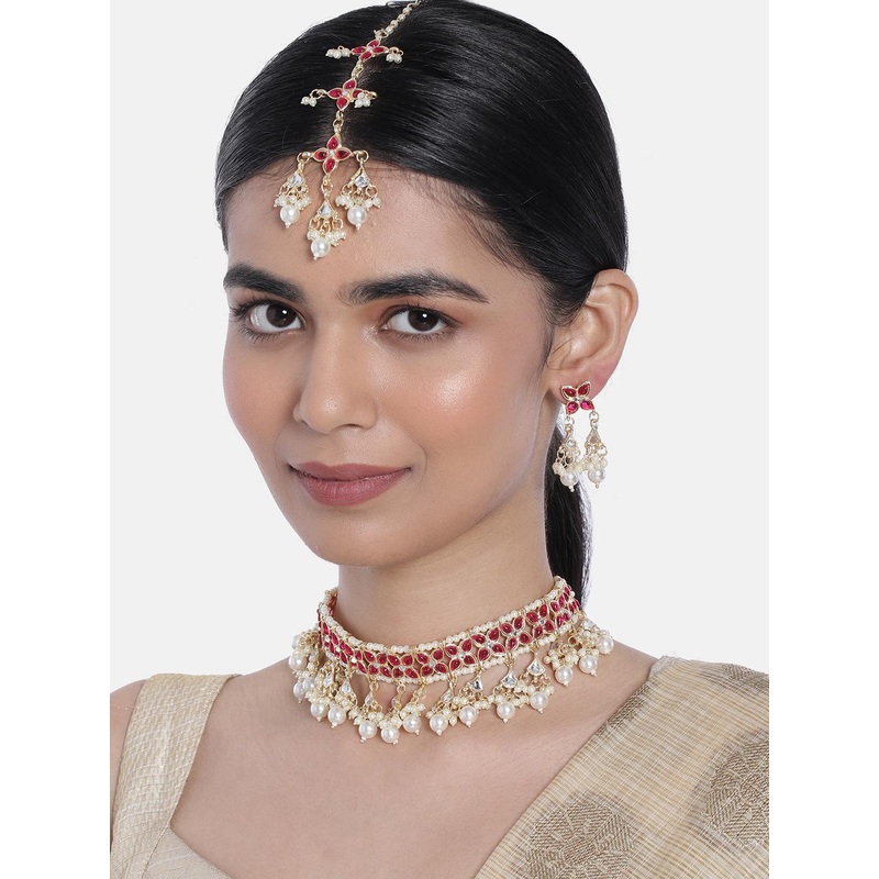 I Jewels Pink Gold Plated Kundan & Pearls Studded Choker Jewellery Set
