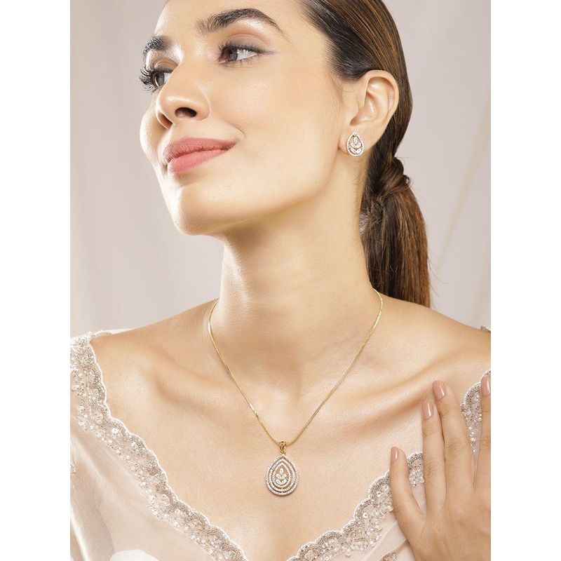 Rubans 22KT Gold Plated Cubic Zirconia Studded Floral Pendent Jewellery Set