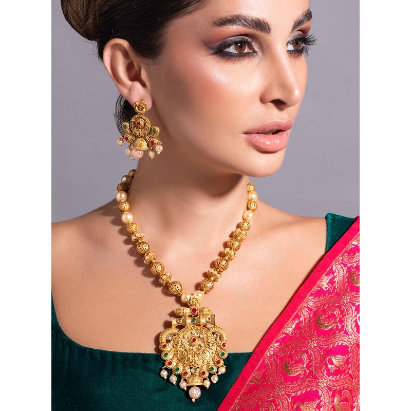 Rubans 24K Gold Plated Ruby & Emerald Stones and Pearl & Golden  Beads Temple Jewelry Set