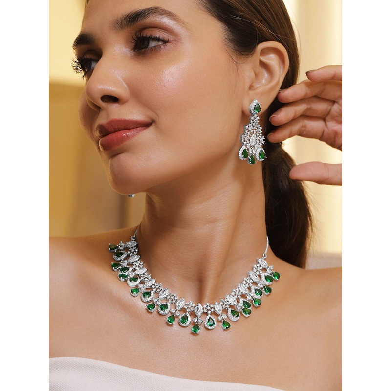 Rubans Rhodium Plated Emerald Green & White Cubic Zirconia Studded Statement Jewellery Set