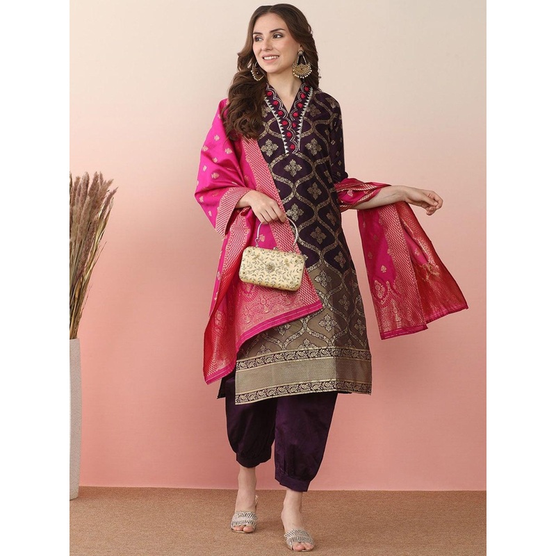 Sangria Woven Design Embroidered Banarasi Straight Kurta With Salwar & Dupatta