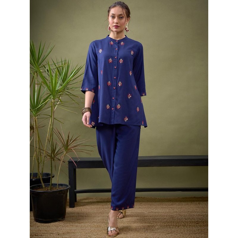 Shae by SASSAFRAS Blue Embroidered Shirt With Palazzos Co-Ords