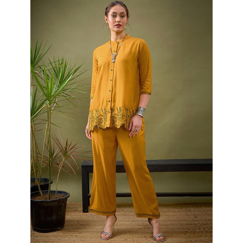 Shae by SASSAFRAS Mustard Yellow Embroidered Shirt With Palazzos Co-Ords