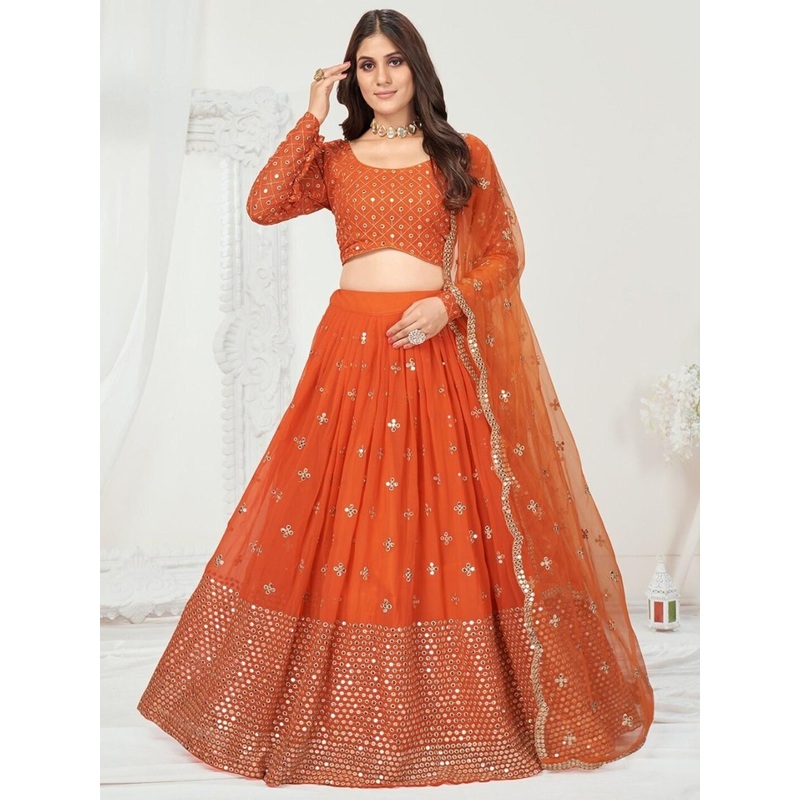 SHOPGARB Sequin Embroidered Semi-Stitched Lehenga & Unstitched Blouse With Dupatta