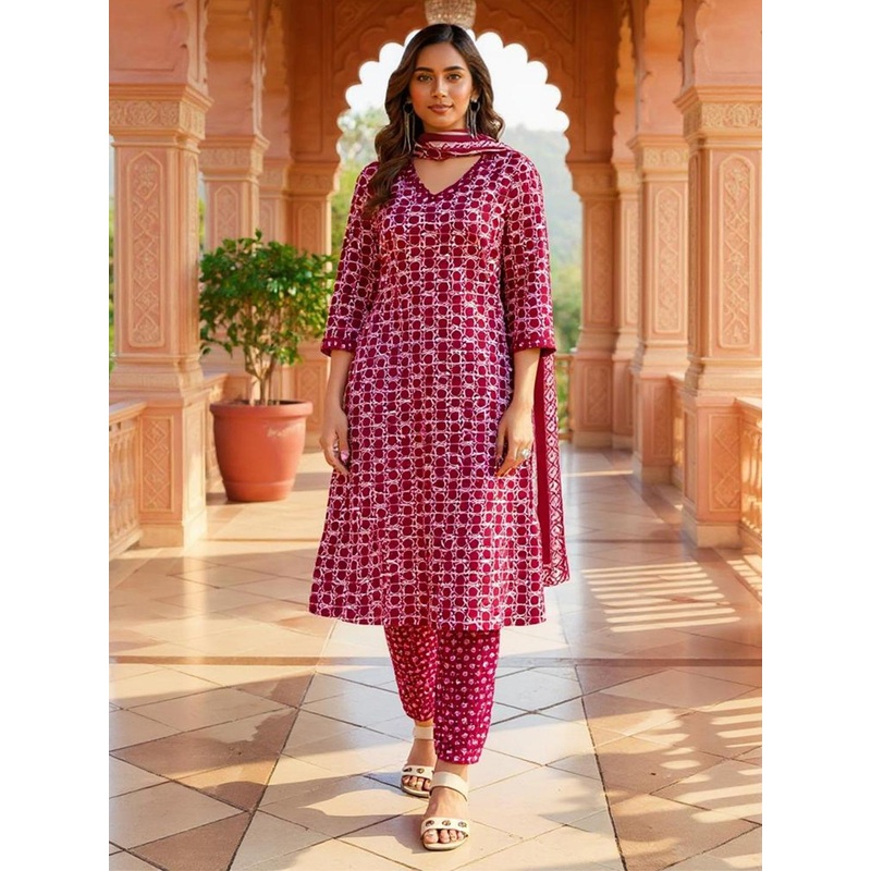 SZN Floral Printed V-Neck Straight Kurta With Trouser And Dupatta