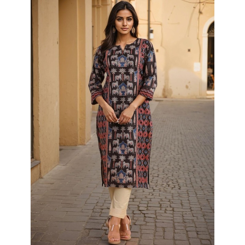 SZN Women Animal Print Straight Cotton Kurta