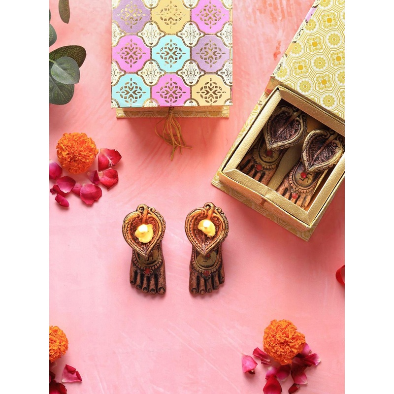 The handicraftian 4-Pcs Bronze-Coloured Charan Designed Diya